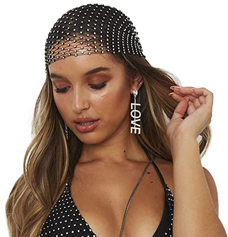 Damen Glitzernder Bandana Cap Haarbänder, Kopftuch Bauchtänzerin,Strass Kopftuch,Elastisch Stirnband,Glitzernde Kopfbedeckung,Party Nachtclub Kostüm Haarschmuck für Frauen Mädchen (Schwarz, eine)