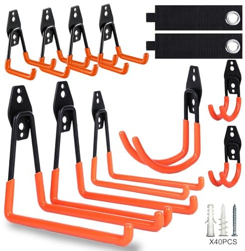 DSYZWEE Wandhaken Garage, 12 Stück Schwerlast Doppelhaken und 2 Kabelbinder, Schwerlast Aufbewahrung Doppelhaken, für Werkzeuge, Fahrräder, Gartengeräte (Orange)