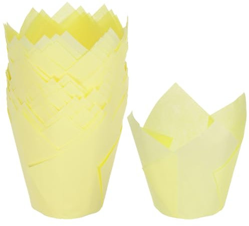 sourcing map 50pcs Tulip Cupcake Liners Greaseproof Baking Cups Paper Cupcake Wrappers Holders for Parties Weddings Birthdays, Light Yellow