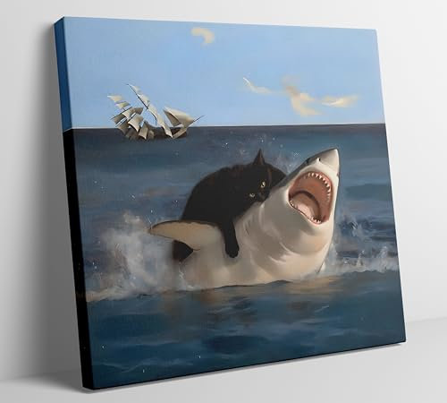 Lustige Katze auf Leinwand, Renaissance, schwarze Katze vs. Hai, Gemälde, Bild, Wanddekoration, eklektische Katze und Hai, Posterdruck, Kunstwerk für Badezimmer, Wohnzimmer, Schlafzimmer,