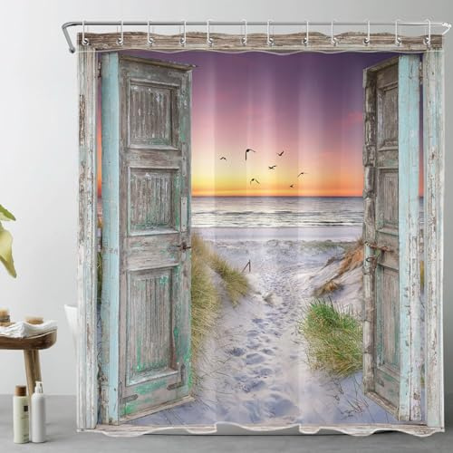 LB Mer côtière Rideaux de Douche 240x175cm(LxH) Porte Grange Plage Tropicale Rideaux de Bain avec Crochets,Paysage Coucher Soleil été Extra Large Imperméable Polyester Anti Moule Salle de Bain Décor