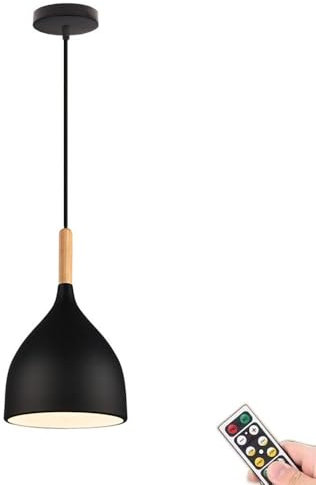 Lampada a sospensione minimalista nera a batteria con telecomando e lampadina, illuminazione a sospensione non cablata per isola cucina, lampadario a batteria wireless per soggiorno sala da pranzo co