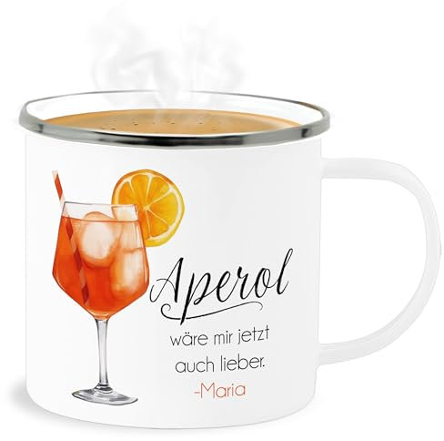 Emaille Becher Blechbecher - Statement - Geschenk Aperol wäre mir jetzt auch lieber I Alkohol Geschenkidee Aperol Spritz Geschenk mit Name - 300 ml - Weiß Silber - glas häferl aperolgläser tasse
