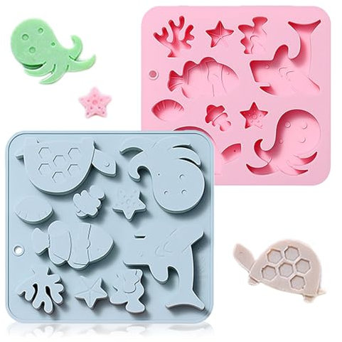 Honicemar Molde de Silicona con Forma de Vida Marina de 10 Cavidades, Silicona Molde con Dibujos de Animales, 2 Pcs de Moldes para Chocolates Antiadherentes de Horneado para Pastele Chocolate Helado