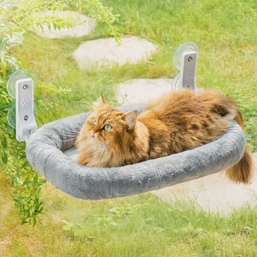 MEWOOFUN Großes Katzen Hängematte Fenster mit Abnehmbarem Dickem Bezug - Faltbare Hängematte Katze Fenster Stabil für Katzen, Katzen Hängematte mit 4 starken Saugnäpfen hält 18kg (Hellgrau, M)