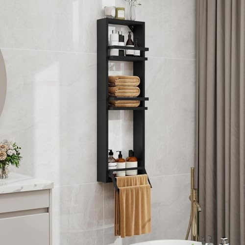 YU YUSING 3-Stufiger Duschablage, Duschregal Badregal mit Handtuchhalter | Badezimmer Organizer, Shampoo Halterung für Dusche, Dusche Halterung, Badezimmer Rega, 30x10x100cm, MDF-Holz, Schwarz