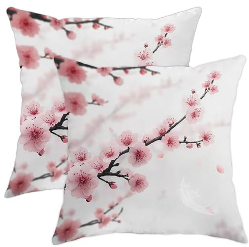 Set di 2 federe per cuscini con fiori di ciliegio e pesco, quadrate, decorative primaverili, per divano e letto, 40,6 x 40,6 cm