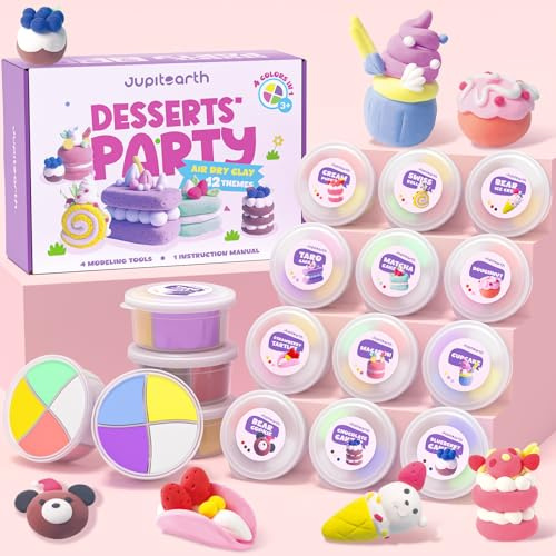 JUPITEARTH Modelliermasse Lufttrocknend für Kinder, 12 Dessert-Themenparty | Foam Clay, Air Dry Clay, Ultraleichtes Modellierknete-Set, DIY-Kunst und Gastgeschenke für Jungen und Mädchen (Dessert)