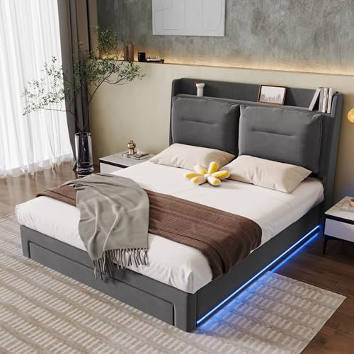 KUIKUI King Size Bed Frame with Hydraulic Storage and Overhead Shelf, Ottoman Bed with 2 in 1 Footboard Drawers, Double Bed with LED Light Strips, 150x200cm,Dark Gray