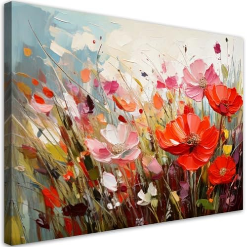 Feeby Leinwand Bilder - Bild Wohnzimmer - Feld rote Blumen Abstraktion - 120x80 1tlg - Deko Schlafzimmer Groß - Dekoration Canvas - Gemälde - Modern Wandbilder - Kunstdruck