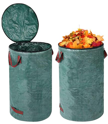 mizikuu 2 x 120L Gartenabfallsack Stabil, Laubsack Gartensack mit Deckel und 4 Griffen Selbststehend Grünschnittsäcke Garten Abfallsack für Gartenabfälle Grassack Behälter für Laub Gras Gartensäcke
