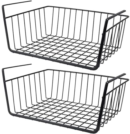 2Pcs Under Shelf Storage Basket Black Metal Wire Hanging Shelf Organiser for Kitchen Cabinet Cupboard Office Pantry Shelves Bathroom (30 x 22 x 13.5 cm)