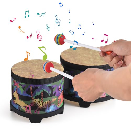 Bamjour 5-Zoll- und 6-Zoll-Bodentrommel-Schlaginstrument mit 2 Trommelschlägeln, Musikinstrument für Bongo-Trommeln zu Weihnachten, Geburtstag