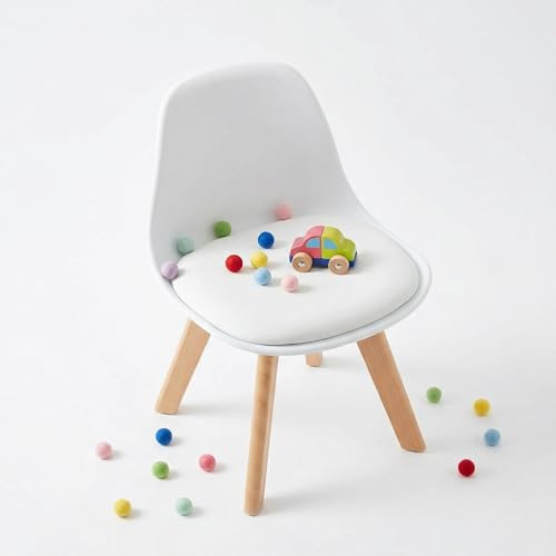 FurnitureR Kinderstuhl aus Kunststoff mit Holzbeinen – Stabiler Sitzstuhl für Kinderzimmer & Spielbereich, Ergonomische Sitzhöhe, Weiß 1PCS