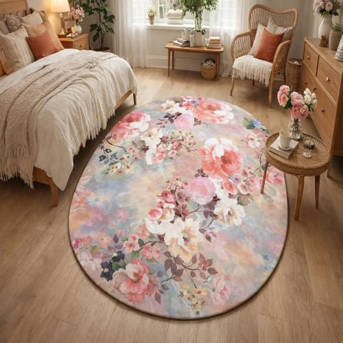 Taidianolp Teppich Oval,Abstraktes Blumenmuster in Rosa, Weiß, Hellrot, Grün, Beige und Hellblau, 80 x 110 cm,Wohnzimmer Büro Schlafzimmer Teenager Jugendzimmer Aesthetic Room Decor