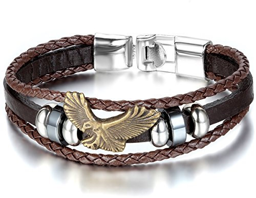 JewelryWe Schmuck Herren Damen Armband, Retro Adler Eagle Beads Kugeln Geflochten Charm Armreif, Leder Legierung, Braun Gold Silber
