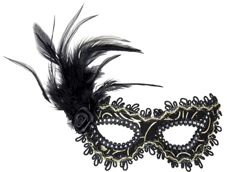 W WIDMANN MILANO Party Fashion 1789N - Augenmaske, Schwarz, mit Rose, Federn und Goldeinsetzen, Kostümzubehör, Accessoire, Venezianisch, Karneval, Mottoparty