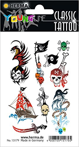 HERMA 15179 Temporäre Tattoos Totenkopf, 9 Stück, Klebetattoos zum Aufkleben, Fake Tattoos Aufkleber mit Piraten Piratenschiff Motiv, Kindertattoos Sticker für Fasching Karneval Kinder Erwachsene