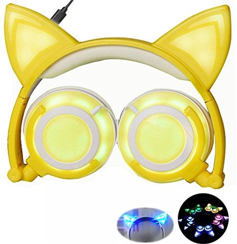 Easycat Cat Ear Headphones, Wired On-ear Foldable LED Gaming Flashing Lights USB Charger Earphone Headset for Children, Compatible with IOS Phone and Android Phone Laptop (Yellow)