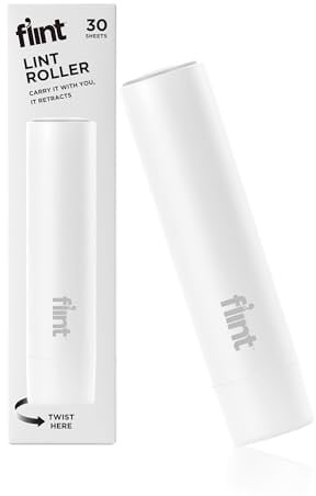 Flint Mini rouleau anti-peluches rétractable blanc classique avec 30 feuilles adhésives supplémentaires, petit rouleau anti-peluches portable, idéal pour enlever les poils d'animaux de compagnie