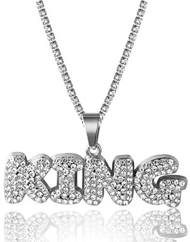 Halukakah Goldkette für Männer Iced Out,Platin Weißgold Volle Cz Blasenbuchstabe King Anhänger Halskette Labordiamanten Zinken-Set mit Baby-Tennis-Kette 50cm Kostenlose Geschenkbox