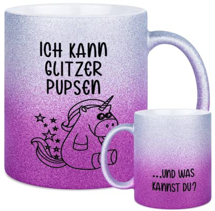 glitzertassen.de® | Ich kann Glitzer pupsen | Tasse mit Glitzer | Geschenkidee | Silberviolett