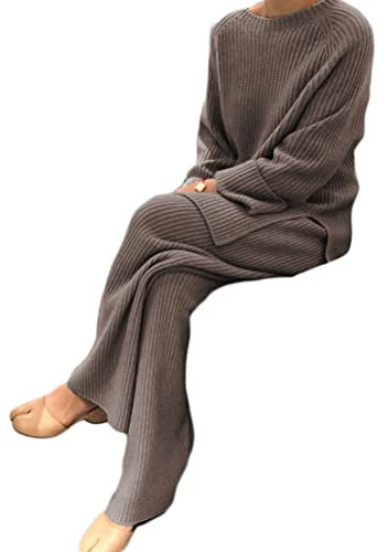 Onsoyours Damen 2 Stück Strickanzug aus Langarm Strickpullover Und Lange Jogginghose Zweiteilige Beiläufig Outfit Freizeitanzug Sportanzug Loungewear Set Kamel L