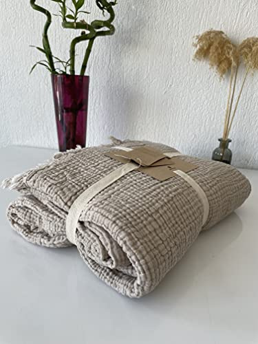 Musselin-Decke, 100 % Baumwolle, 4-lagig, Tagesdecke, weiche türkische Baumwolle, Musselin-Bettdecke, wendbare Decke, Beige (King-Size-Kissenbezüge 50 x 90 cm (50 x 90 cm))