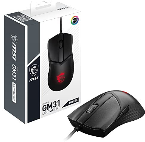 MSI Clutch GM31 Lightweight Gaming Maus - 12.000 DPI Optischer Sensor, Rechtshänder, 60M+ Click OMRON Schalter, 6 Tasten, FriXionFree Kabel, 1ms Latenz, RGB Mystic Light, 58g - Kabelgebunden, schwarz
