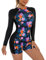 FYMNSI Damen Surfanzug Badeanzug mit Bein Reißverschluss Einteiler Langarm Rashguard UPF 50+ Bademode Surfen Schwimmanzug Blumen Bedruckt Bauchweg Sportlich Sonnenschutz Badebekleidung Blumenmuster M