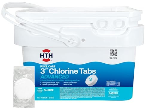 HTH 42052W Pool Care 3 Chlorine Tabs Advanced, Individually Wrapped Tablets - Swimming Pool Sanitizer with Clarifier & Algaecide, Destroys Bacteria & Algae, Delivers Clear Water All Season, 5 lbs