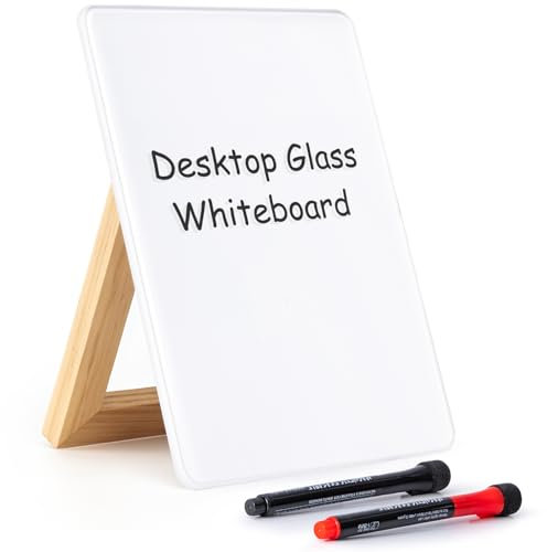 ARCOBIS Glas Desktop Whiteboard mit drehbarem Massivholzständer, 24 x 17,5 cm kleines Glas-Trockenlöschbrett mit 2 Markern, Schreibtisch-Whiteboard-Aufsteller, Glas-Notizblock für Büro, Zuhause (Weiß)