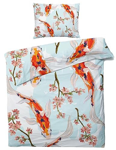 MOBEITI Japanische Bettwäsche 135x200, Japan Style Koi Kirschblüten Wendebettwäsche, Weiche Kuschelige Mikrofaser Bettbezug Set 2teilig, 1 Kissenbezug 80x80, mit Reißverschluss - Asiatische Motive 23