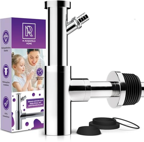 Design Siphon mit Geräteanschluss für Waschbecken und Waschtisch - Extra starke 304er Edelstahl Wände mit 750g Geruchsverschluss inkl. Dichtungen mit Reinigungsöffnung