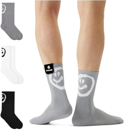 von Jungfeld 6er Set Graue Tennissocken Damen & Herren in Gr. 43-46 - Lange Socken (Crew Socks) aus Bio-Baumwolle - Strümpfe mit Smiley Statement