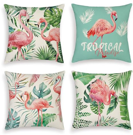 Ohok Lot de 4 housses de coussin d'extérieur imperméables 45 x 45 cm en polyester décoratif pour jardin, canapé, chambre à coucher, salon (flamant rose)