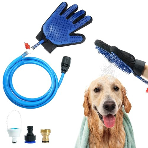 SEATOGEM 4 in 1 Hundebadbürste, Haustier Duschkopf, Hunde Badebürste mit 2.1 Meters PVC Schlauch und 3 Schlauchadapter, Hundebürsten für Schrubben, Massieren und Pflegen