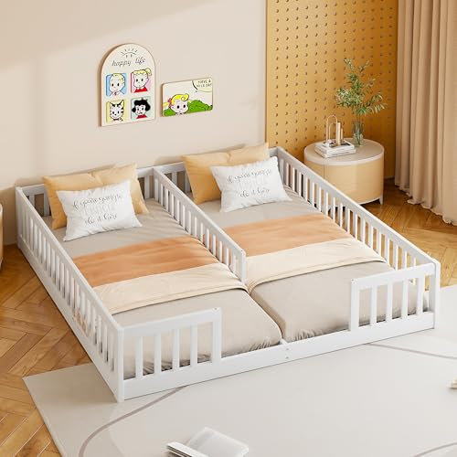 Kinderbett Bodenbett Doppelbett 90x200 cm mit Sicherheitsgitter, Montessori Bett Bed Gitterbett Holzbett Bettgestell Jugendbett Spielbett für 2 Kindern, Kiefernholz, Ohne Matratze&Lattenrost, Weiß