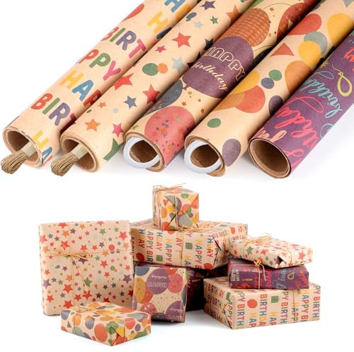 woric 5 Rollen Geschenkpapier Geburtstag, 43cm x 3m Geschenkpapierrolle Kraftpapier Geschenkpapier Set mit Hanfseil & Klebeband für Kindergeburtstag Hochzeit Babyparty Weihnachten
