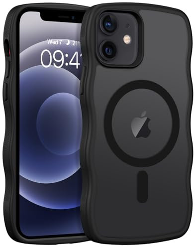 BENTOBEN for iPhone 12 Mini Case [Compatible with MagSafe], Cute Curly Wave Frame Translucent Matte Soft TPU Military Grade Shockproof Cover for iPhone 12 Mini, Black