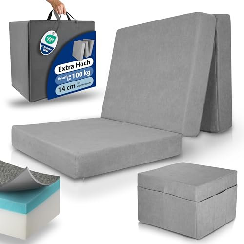 Beautissu Premium L Klappmatratze 80x200cm Gästebett faltbar inkl. Husse – extra dick 14cm Visco-Matratze optimaler Härtegrad H3 hoher Schlafkomfort – waschbar Gästematratze klappbar – Grau