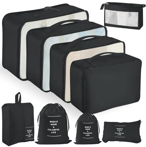 YAMAIDUO Koffer Organizer Set, 9 Stück Packing Cubes, Wasserdichte Packwürfel für Urlaub und Reisen, Reisezubehör, Packtaschen für Koffer mit Schuhbeutel für Kleidung Kosmetika, Schwarz