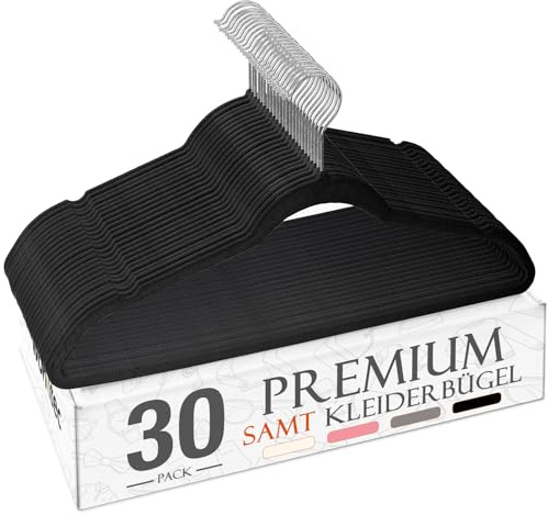 Wohntec Kleiderbügel Samt 30 Stück - Kleiderbügel Platzsparend, Bügel rutschfest und Belastbar, 360° Drehbar Hangers - für Hemden, Anzüge, Pullover, Hosen, Schwarz