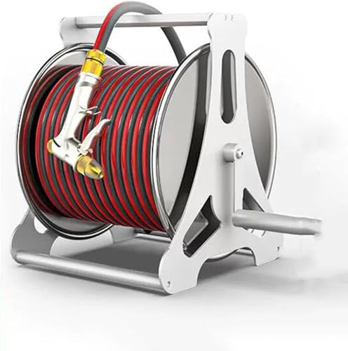 Schlauchwagen, Gartenschlauchtrommel Wagen Mit Düsenspray, Wand- / Tragbarer Wasserschlauch Aus Edelstahl Für Den Außenbereich 1/2 '' Pflanzschlauchtrommel, Red, 15m