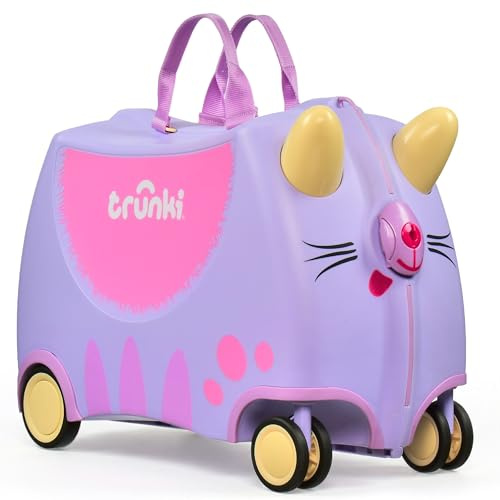 TRUNKI Kinderkoffer zum Draufsitzen mit 360°-Vorderrädern – 17,6-Liter-Handgepäckkoffer, Kabinengepäck mit Rollen, als Handgepäck zugelassenes leichtes Kinderreisegepäck mit Zuggurt, 46 × 21 × 31 cm.