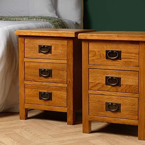 Furniture Octopus Pair of Baysdale 3 Drawer Rustic Oak Bedside Table/Cabinet