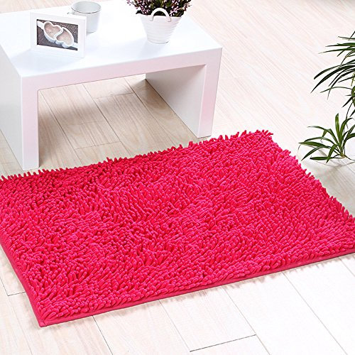 Eleoption Soft Shag Bath Mat Rug Kitchen Rug Door Way Feet Mat Anti-slip Strip Absorbent Doormat Bathroom Shower Rugs Shaggy Carpet (45 * 70 CM) (Rose)