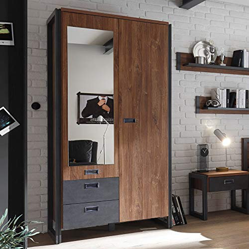 Lomadox Moderner Kleiderschrank Dielenschrank im Industrial Design, Spiegel, 2 Türen, Kliderstange, 2 Schubkästen, Stirling Oak Eiche, anthrazit, B/H/T: 99/202/60 cm