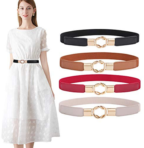 WERFORU 4 Stücke Dünne Gürtel Damen Elastische Taillengürtel Dehnbarer Kleid Gürtel mit Goldene Schnalle Schwarz/Braun/Beige/Rot