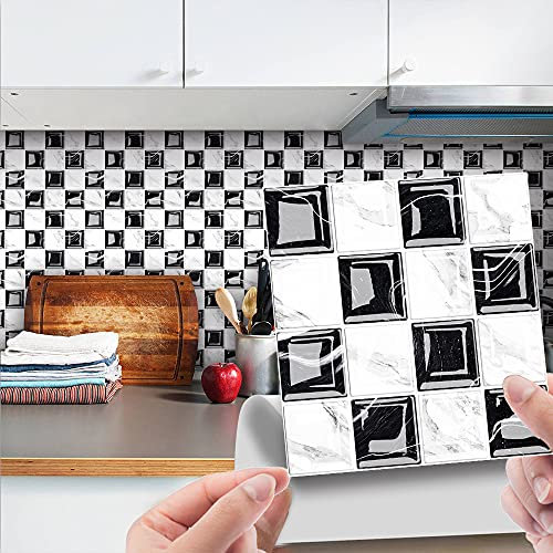 30 Pezzi Adesivi per Piastrelle per Mobili e Pareti, Hiser 3D Mosaico Stile Impermeabile Adesivo da Parete Autoadesive Rotoli Carta per Cucina Bagno Casa Decorativo (Nero Bianco,20x20cm)